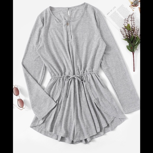 Ribbed Drawstring Waist Keyhole Jumpsuit Grey - Picture 1 of 5